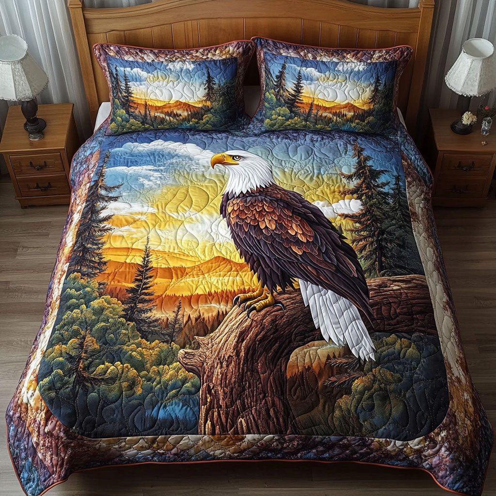 Sunrise Guardian quilted 3-piece bedding set on a made bed with two matching pillow shams
