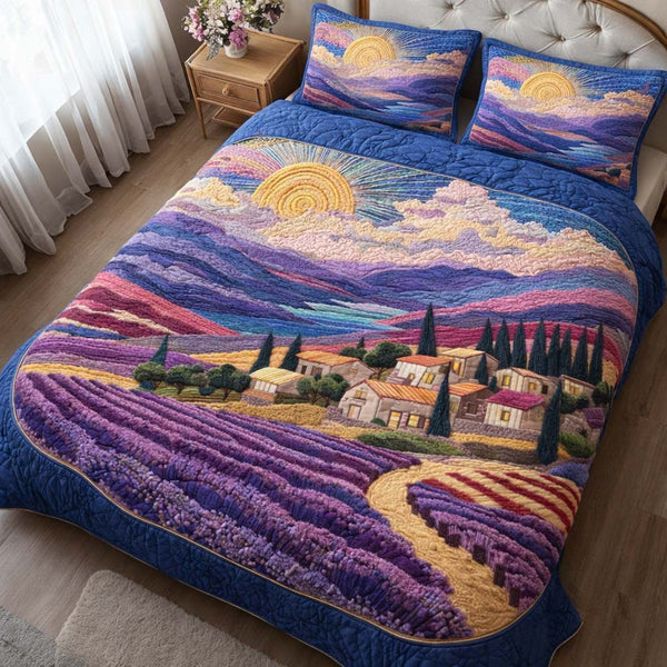 Sunrise Lavender quilted 3-piece bedding set on a made bed with two matching pillow shams