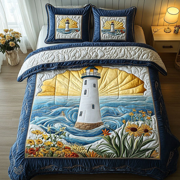 Sunrise Lighthouse quilted 3-piece bedding set on a made bed in a light coastal bedroom