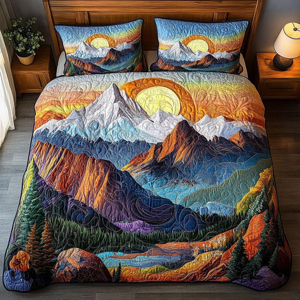 Sunrise Majesty quilted 3-piece bedding set on a made bed with two matching pillow shams