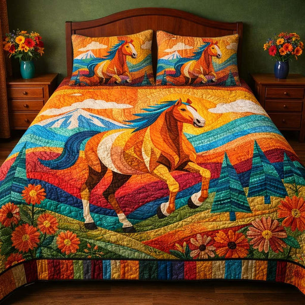 Sunrise Meadow Horse quilted 3-piece bedding set on a made bed in a rustic timber bedroom