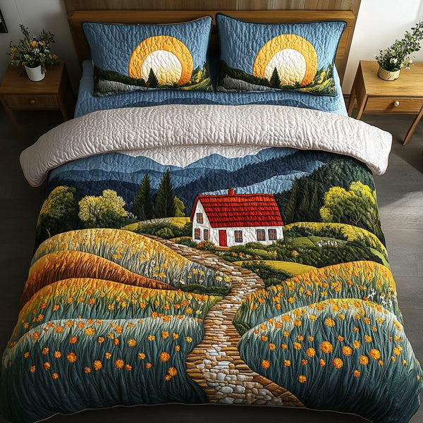 Sunrise Over The Hills quilted 3-piece bedding set on a made bed with two matching pillow shams