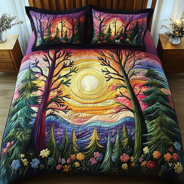 Sunrise Over the Hills quilted 3-piece bedding set on a made bed with two matching pillow shams
