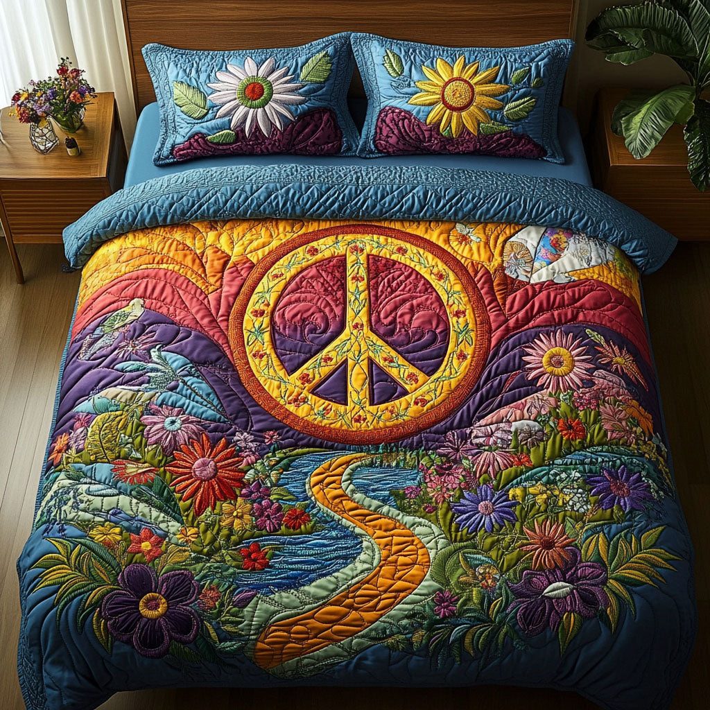 Sunrise Peace Path quilted 3-piece bedding set on a made bed with two matching pillow shams
