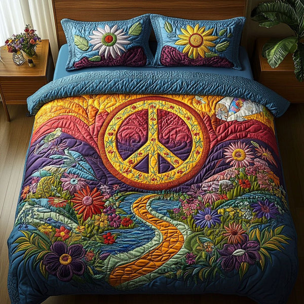 Sunrise Peace Path quilted 3-piece bedding set on a made bed with two matching pillow shams