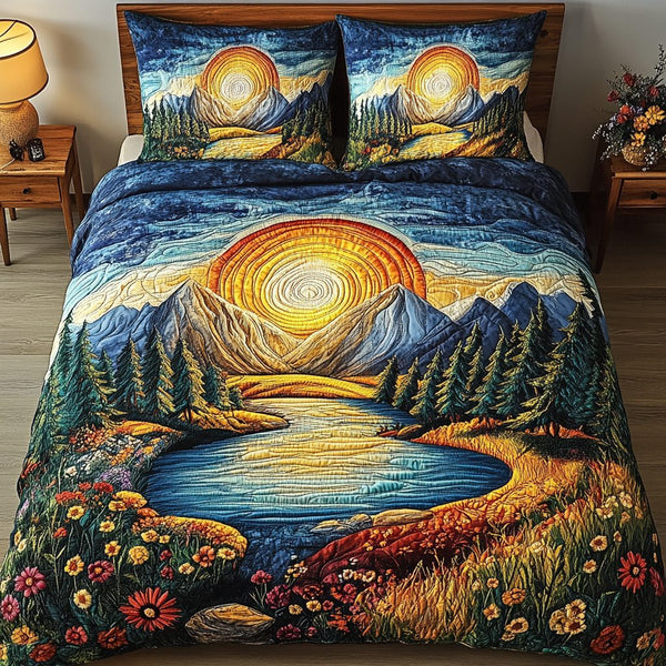 Sunrise Peak quilted 3-piece bedding set on a made bed with two matching pillow shams