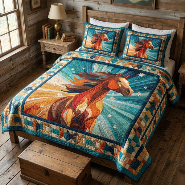 Sunrise Rider quilted 3-piece bedding set on a made bed with two matching pillow shams