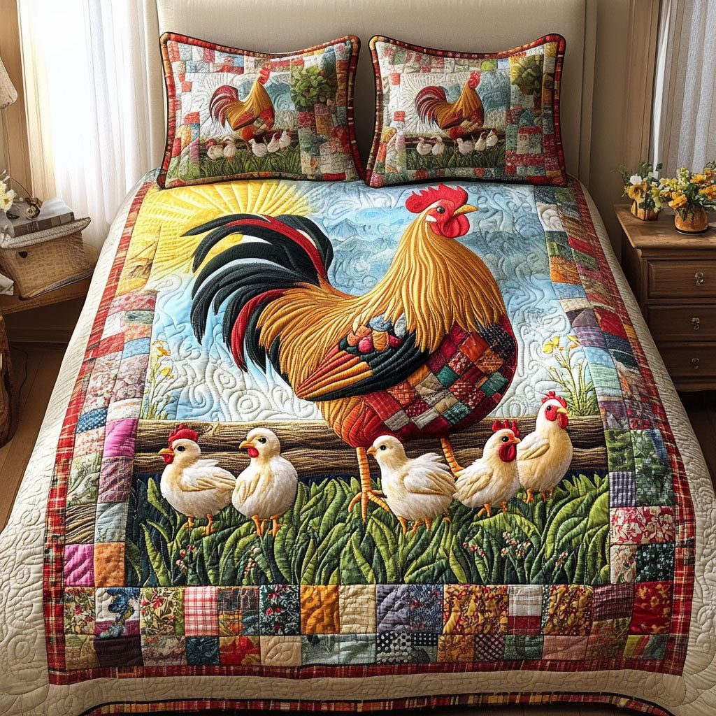 Sunrise Rooster quilted 3-piece bedding set on a made bed with two matching pillow shams