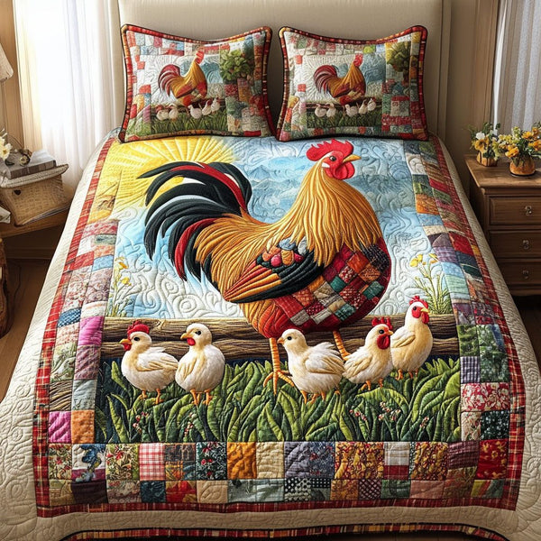 Sunrise Rooster quilted 3-piece bedding set on a made bed with two matching pillow shams