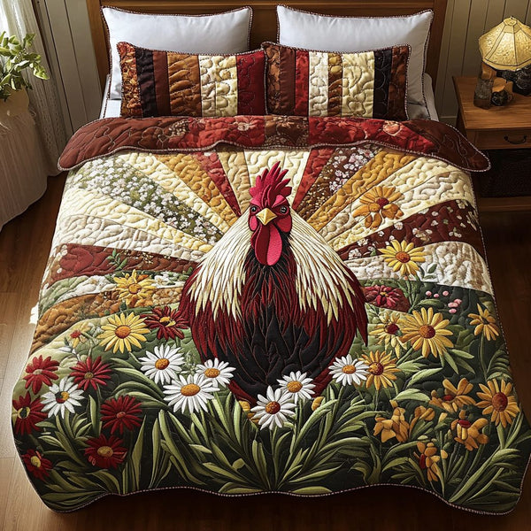 Sunrise Rooster quilted 3-piece bedding set on a made bed with two matching pillow shams