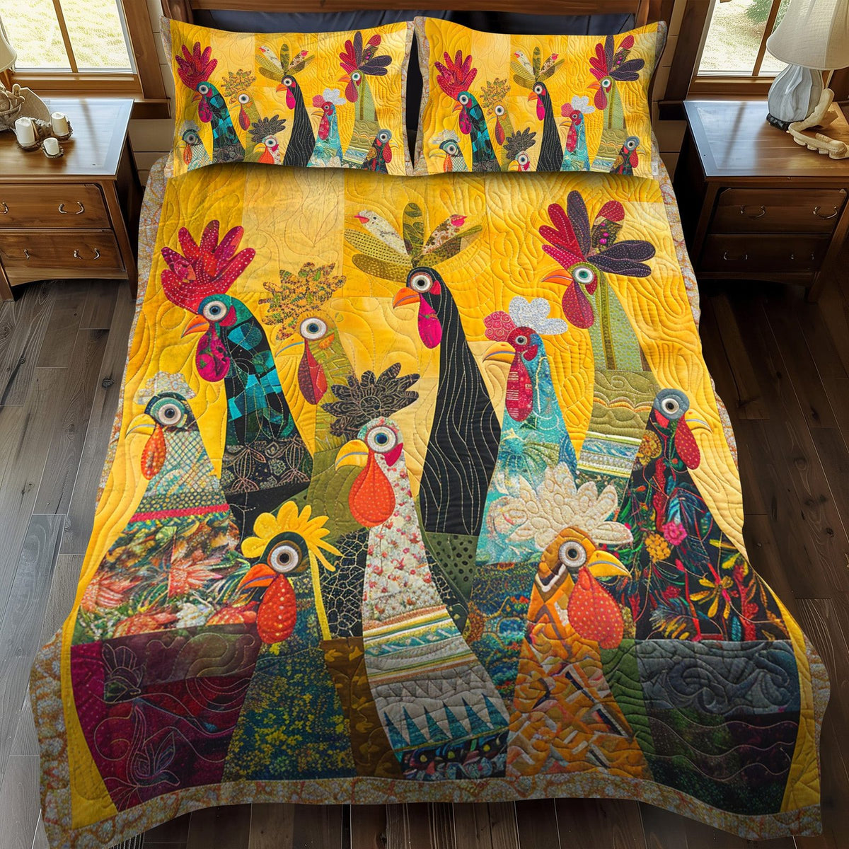 Sunrise Roosters quilted 3-piece bedding set on a made bed with two matching pillow shams