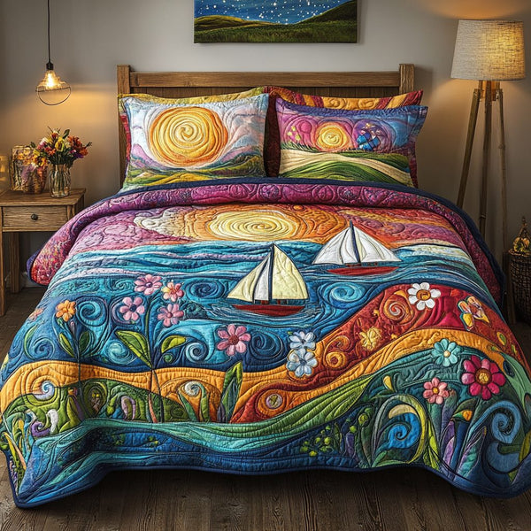 Sunrise Sailing Bliss quilted 3-piece bedding set on a made bed in a light coastal bedroom