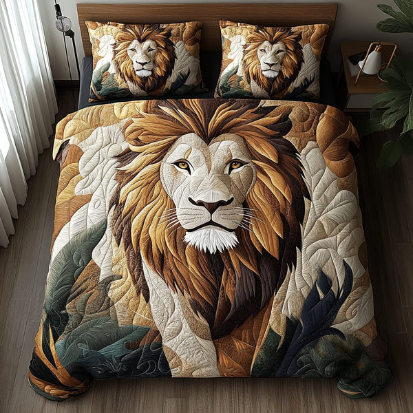 Sunrise Sentinel quilted 3-piece bedding set on a made bed with two matching pillow shams