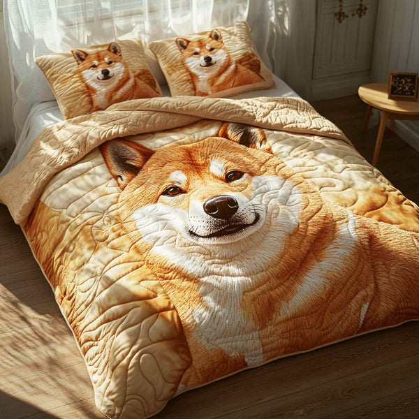 Sunrise Shiba quilted 3-piece bedding set on a made bed with two matching pillow shams