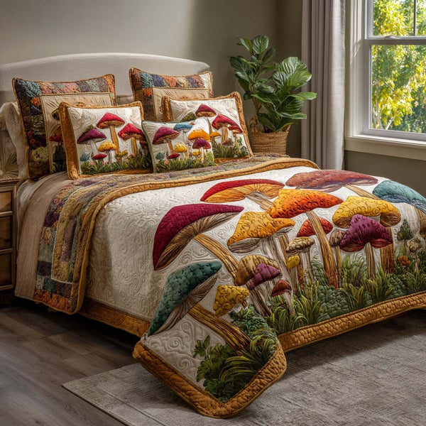 Sunrise Shrooms quilted 3-piece bedding set on a made bed with two matching pillow shams
