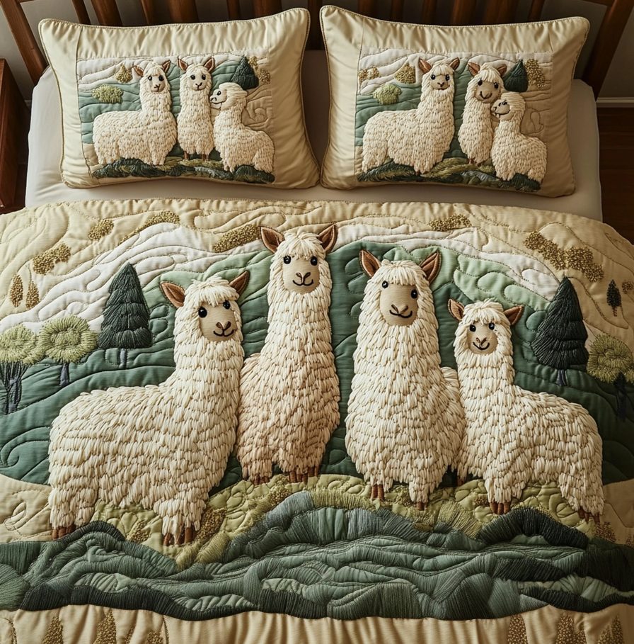 Sunrise Stroll quilted 3-piece bedding set on a made bed with two matching pillow shams