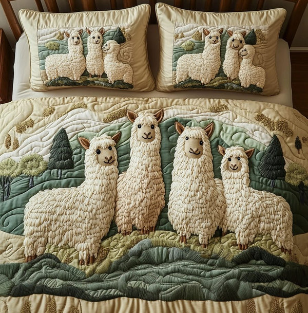 Sunrise Stroll quilted 3-piece bedding set on a made bed with two matching pillow shams