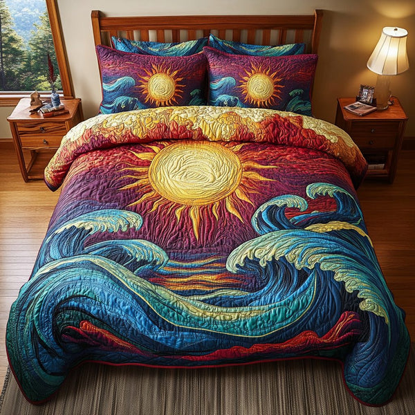 Sunrise Surf quilted 3-piece bedding set on a made bed in a light coastal bedroom