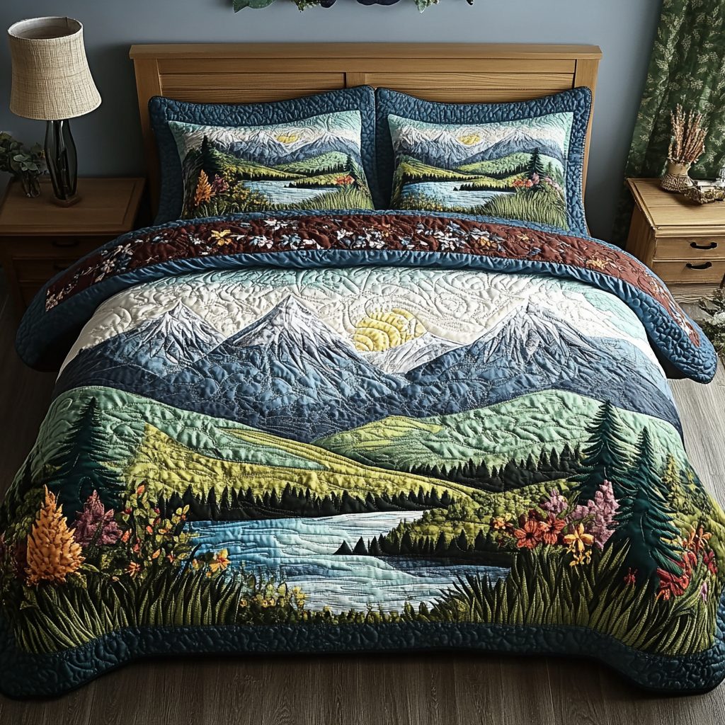Sunrise Trail quilted 3-piece bedding set on a made bed with two matching pillow shams