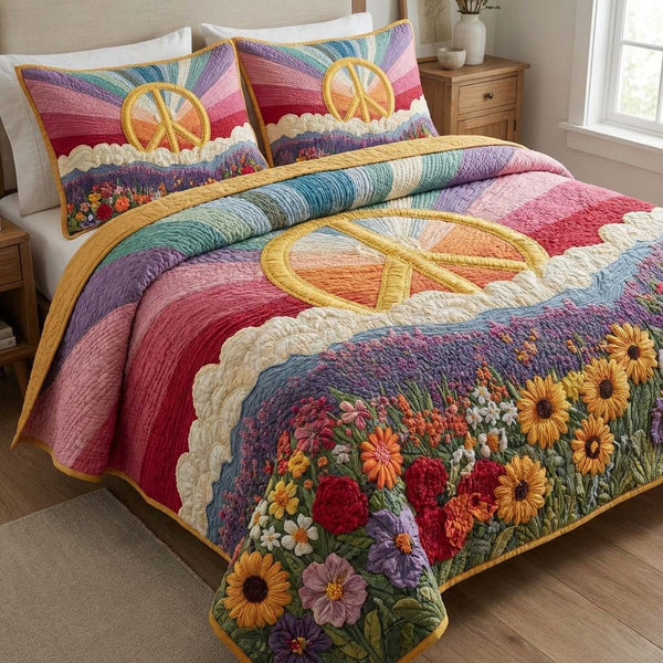 Sunrise Unity quilted 3-piece bedding set on a made bed with two matching pillow shams