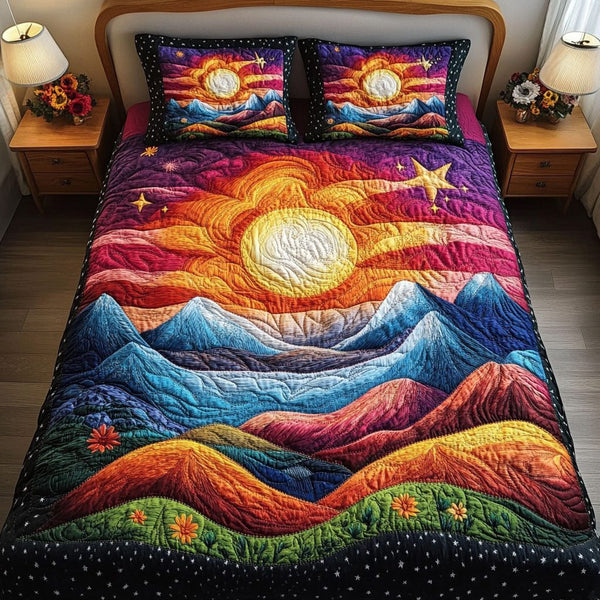 Sunrise Valley quilted 3-piece bedding set on a made bed with two matching pillow shams