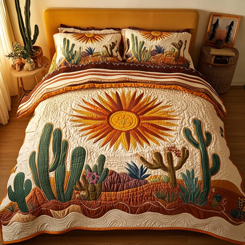 Sunscape Bliss quilted 3-piece bedding set on a made bed with two matching pillow shams