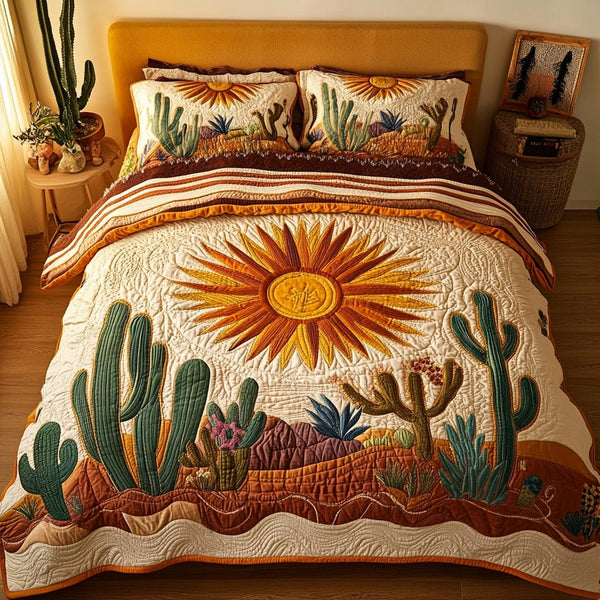Sunscape Bliss quilted 3-piece bedding set on a made bed with two matching pillow shams