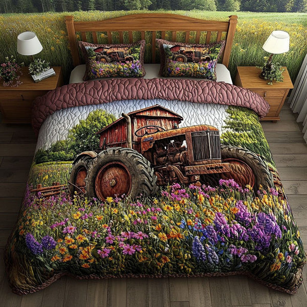 Sunset Acres quilted 3-piece bedding set on a made bed with two matching pillow shams
