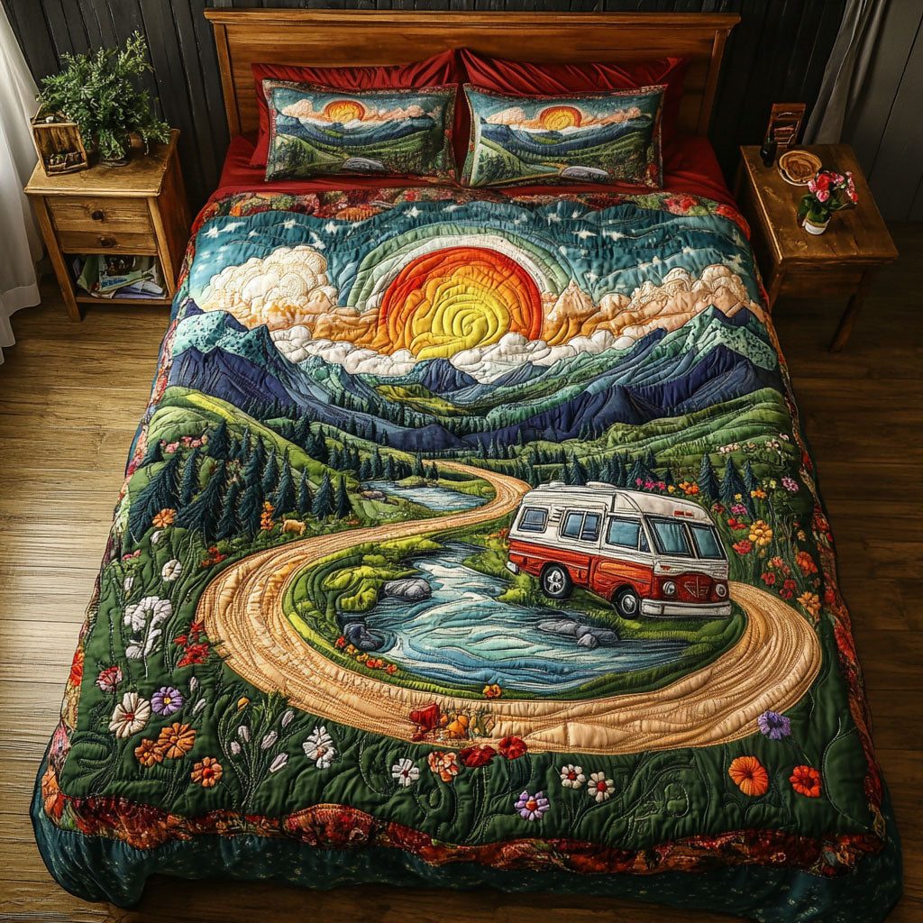 Sunset Adventure quilted 3-piece bedding set on a made bed in a winter-styled bedroom
