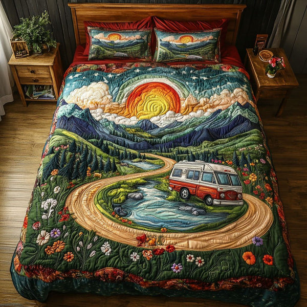 Sunset Adventure quilted 3-piece bedding set on a made bed in a winter-styled bedroom