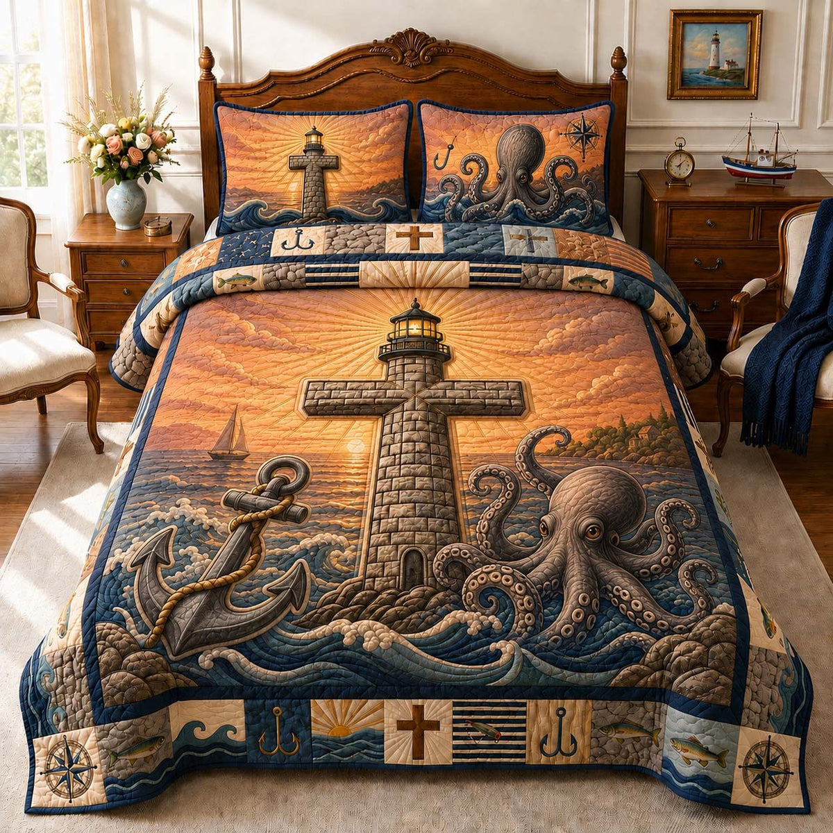 Sunset Anchor Beacon quilted 3-piece bedding set on a made bed in a light coastal bedroom