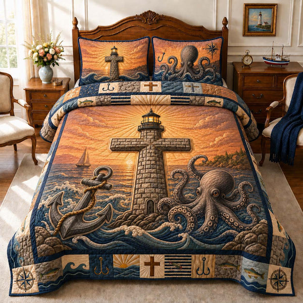 Sunset Anchor Beacon quilted 3-piece bedding set on a made bed in a light coastal bedroom