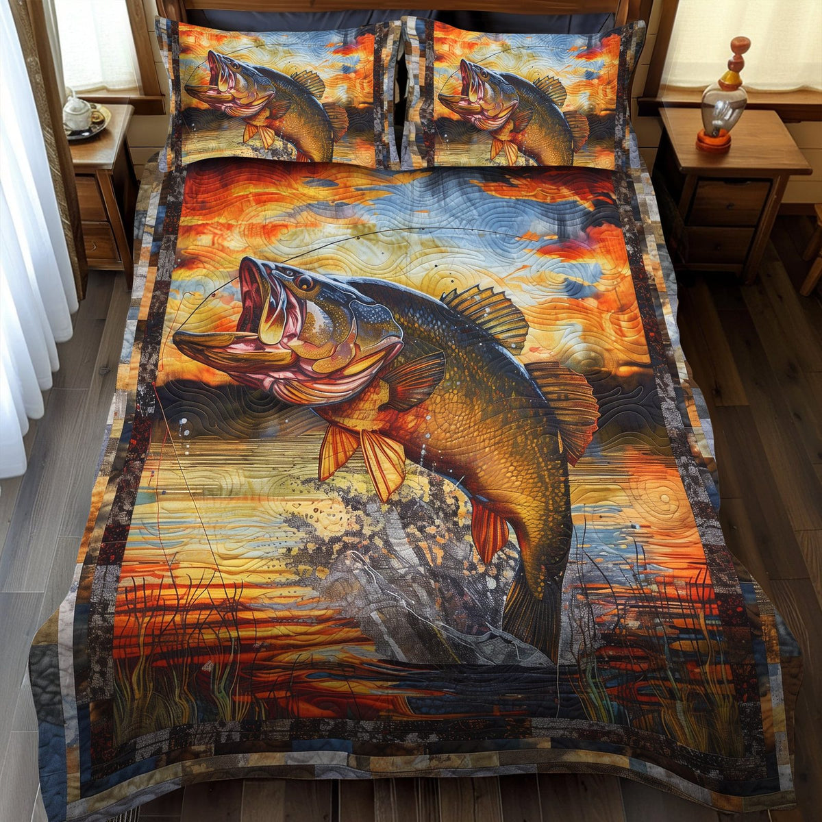 Sunset Bass quilted 3-piece bedding set on a made bed with two matching pillow shams