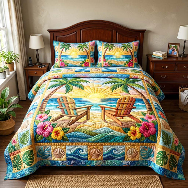 Sunset Beach quilted 3-piece bedding set on a made bed in a light coastal bedroom