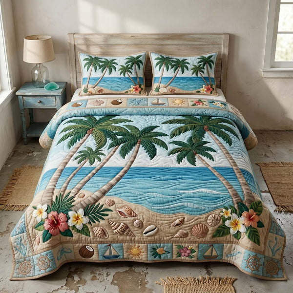 Sunset Beach Retreat quilted 3-piece bedding set on a made bed in a light coastal bedroom