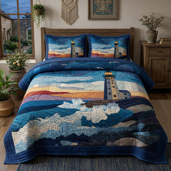 Sunset Beacon quilted 3-piece bedding set on a made bed with two matching pillow shams