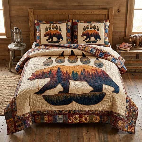 Sunset Bear quilted 3-piece bedding set on a made bed with two matching pillow shams