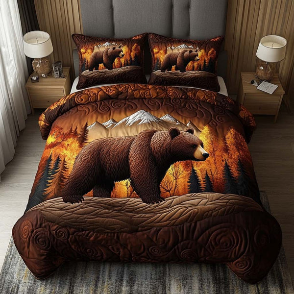 Sunset Bear quilted 3-piece bedding set on a made bed with two matching pillow shams