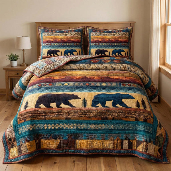Sunset Bears quilted 3-piece bedding set on a made bed with two matching pillow shams