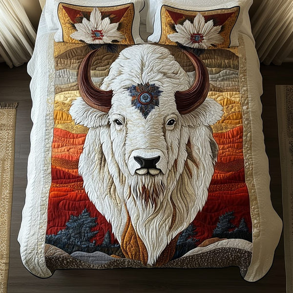 Sunset Bison quilted 3-piece bedding set on a made bed in a rustic timber bedroom