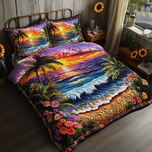 Sunset Bliss quilted 3-piece bedding set on a made bed with two matching pillow shams