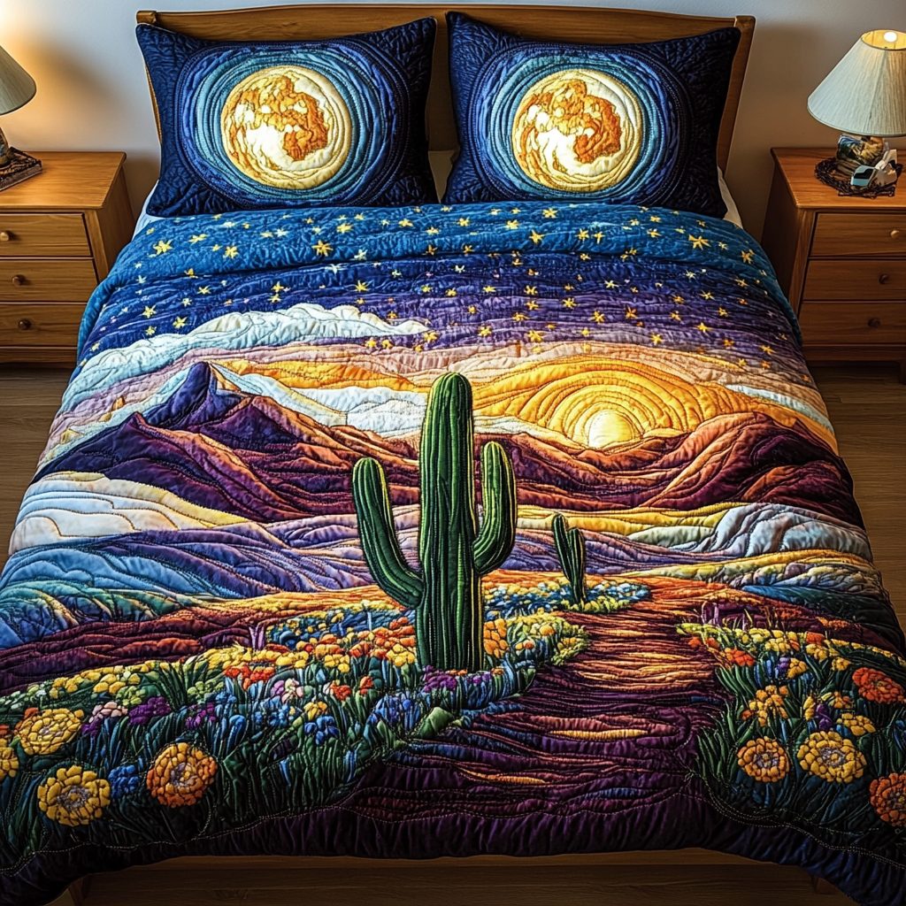 Sunset Bliss quilted 3-piece bedding set on a made bed with two matching pillow shams