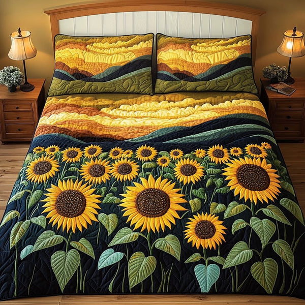 Sunset Bloom Field quilted 3-piece bedding set on a made bed with two matching pillow shams