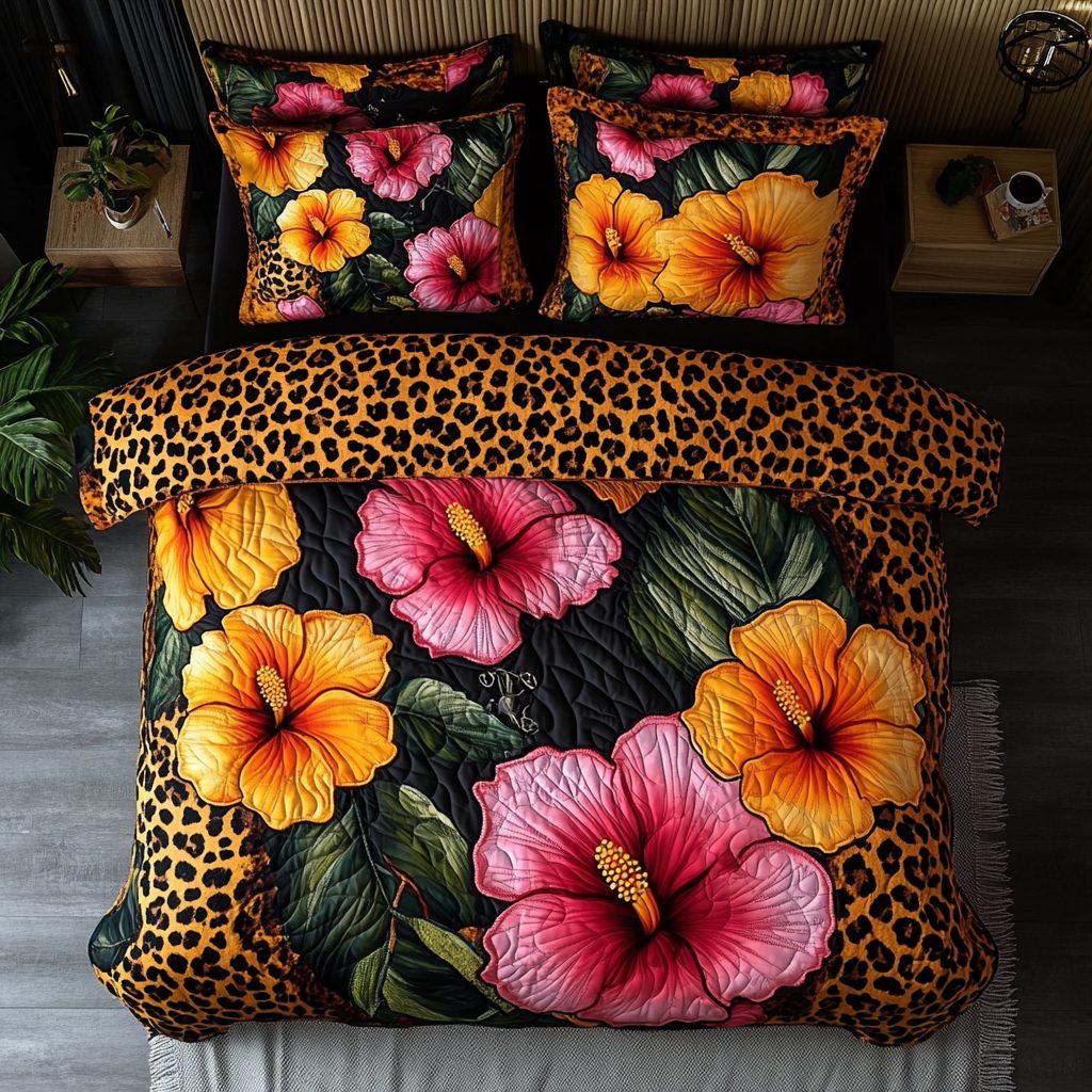 Sunset Bloom quilted 3-piece bedding set on a made bed with two matching pillow shams