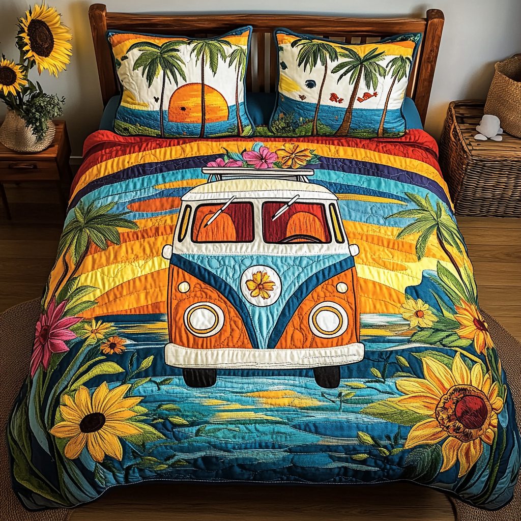Sunset Bloom quilted 3-piece bedding set on a made bed with two matching pillow shams