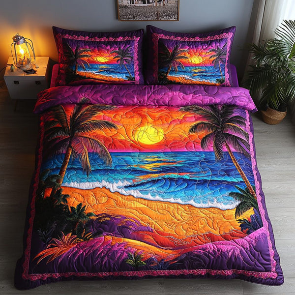 Sunset Breeze quilted 3-piece bedding set on a made bed with two matching pillow shams