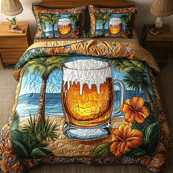 Sunset Brew quilted 3-piece bedding set on a made bed with two matching pillow shams