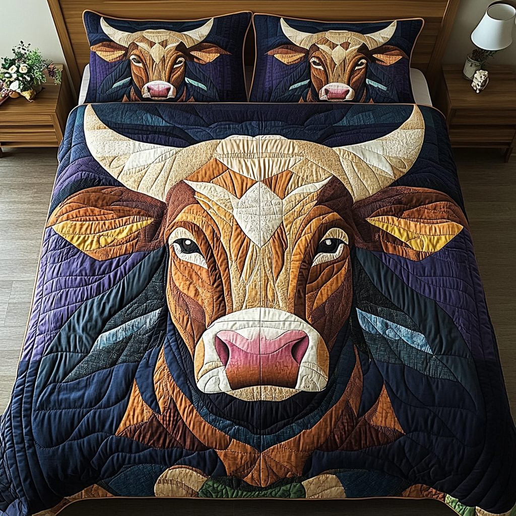 Sunset Bull quilted 3-piece bedding set on a made bed with two matching pillow shams
