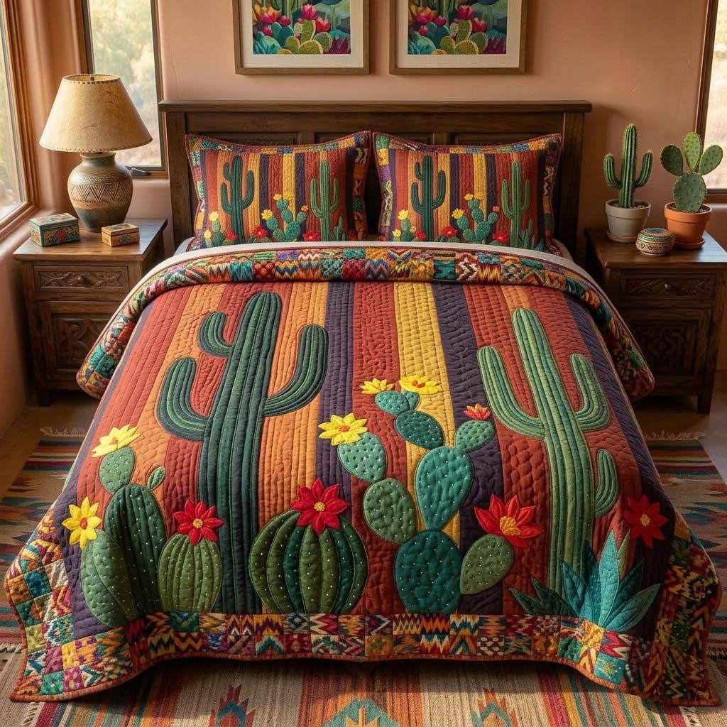 Sunset Cactus Field quilted 3-piece bedding set on a made bed with two matching pillow shams