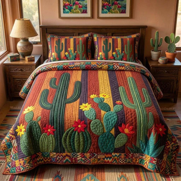 Sunset Cactus Field quilted 3-piece bedding set on a made bed with two matching pillow shams